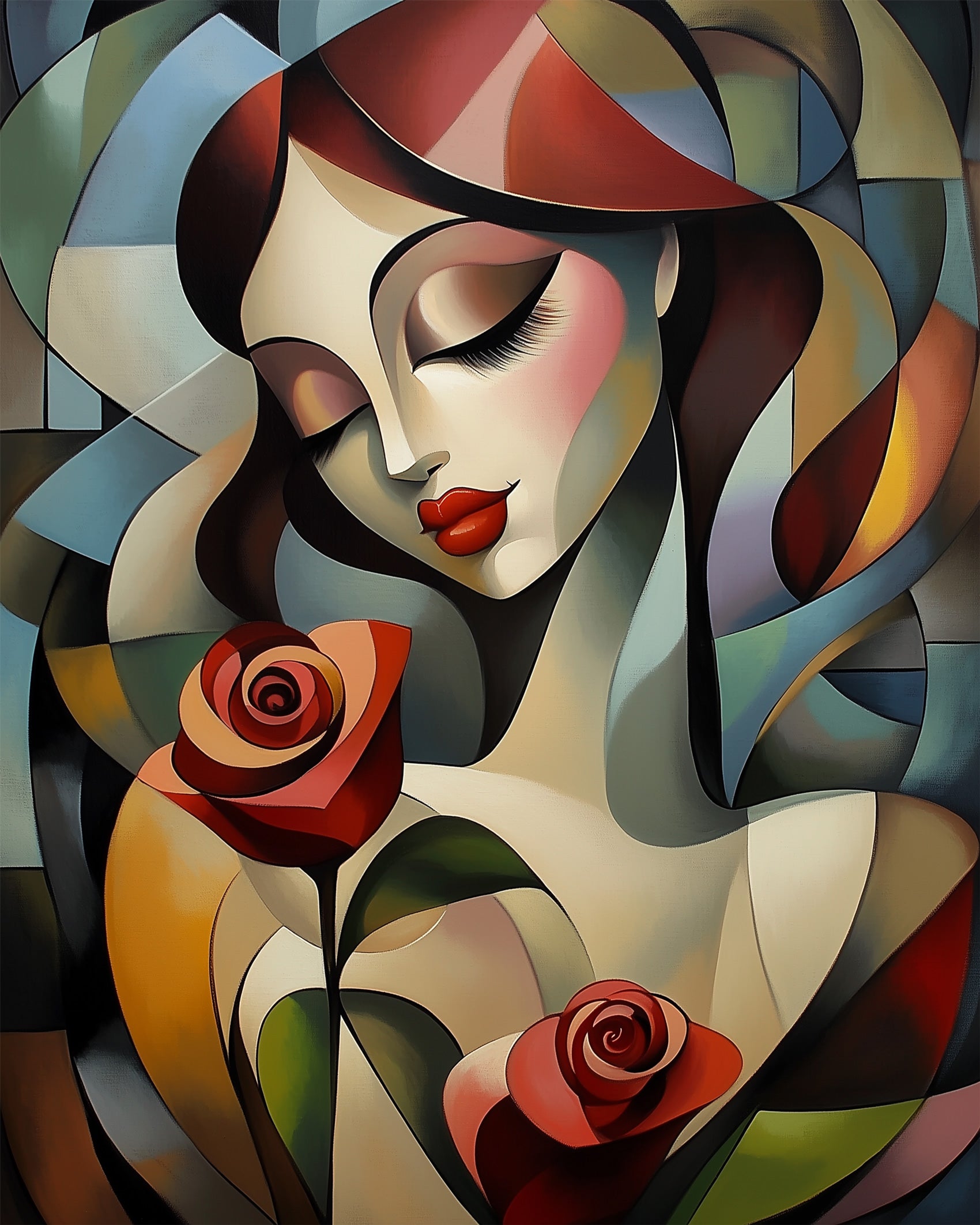 Art Deco style woman with roses from BestPaintByNumbers. Immerse in meditation and artistic inspiration with this unique paint by numbers fixed kit.