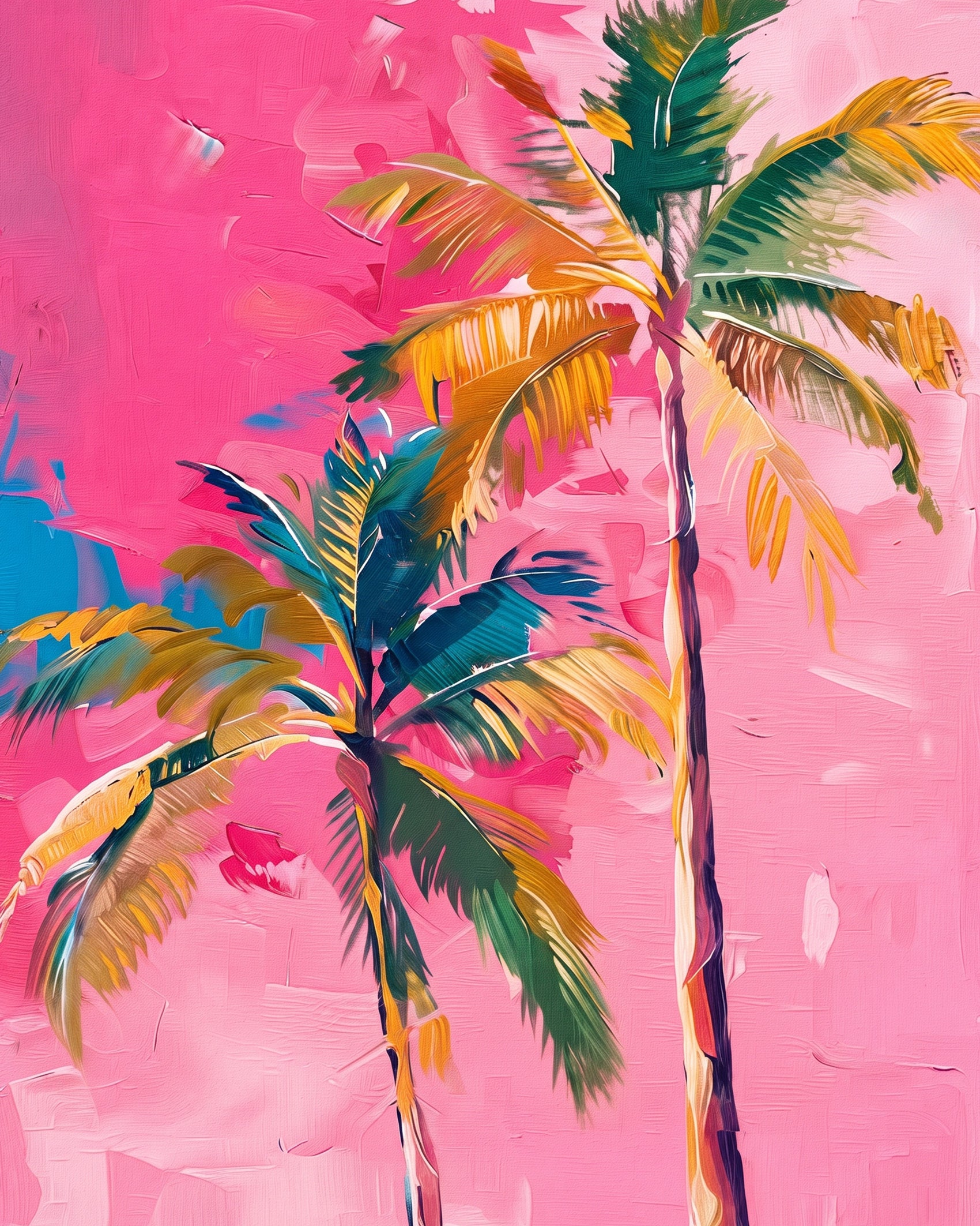 Bold pink sky and lush palm trees featured in Tropical Palm Duo by BestPaintByNumbers. Emphasizes relaxation and creative engagement. Perfect for stress-free painting.