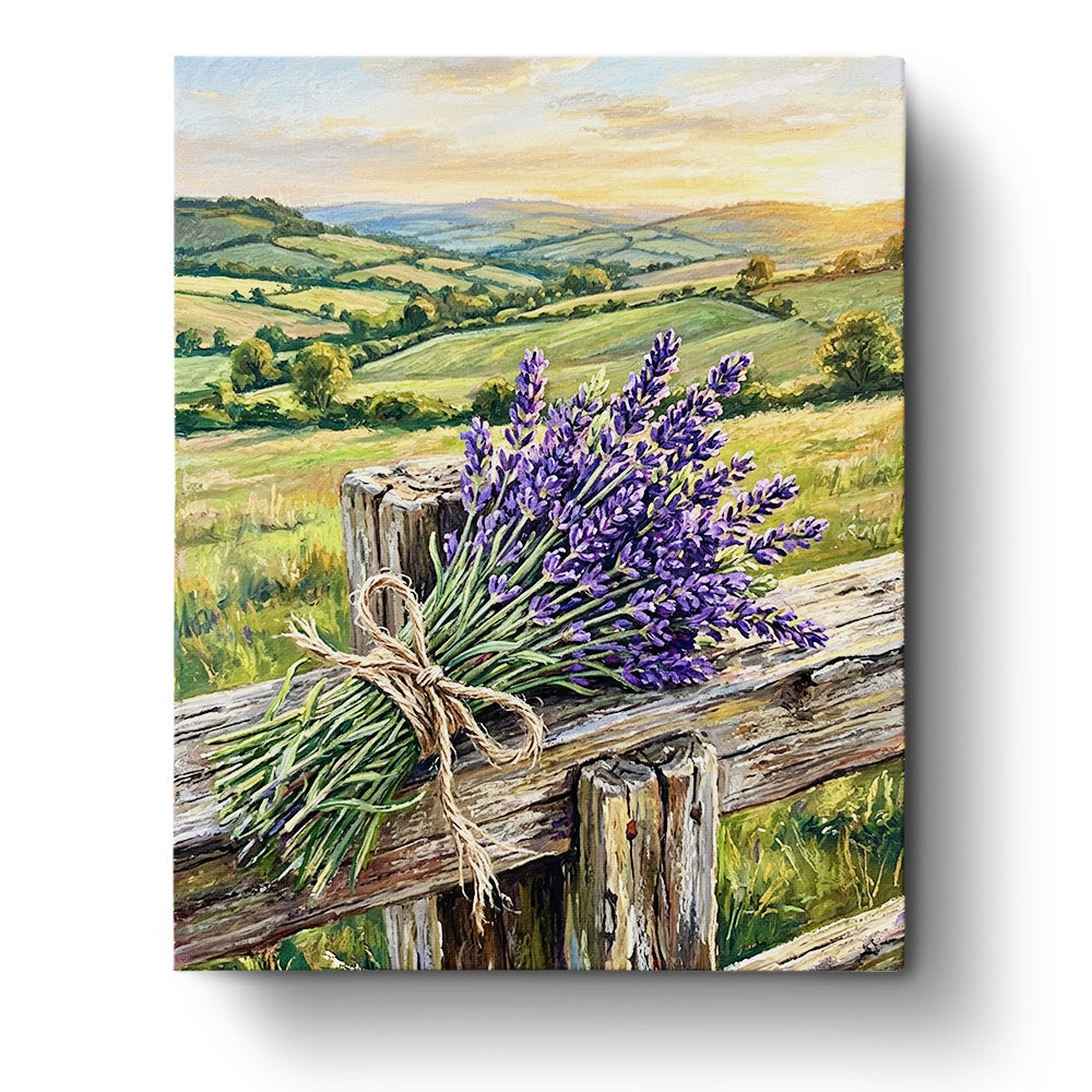 Lavender Fields at Sunset by BestPaintByNumbers. A calming landscape with vibrant purple lavender against a glowing sunset, ideal for mindfulness.