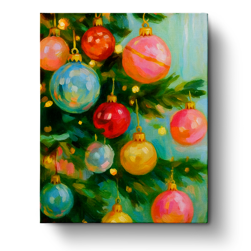 Colorful Christmas ornaments hanging on a tree branch, captured in vibrant paint strokes. Enjoy stress relief with BestPaintByNumbers using this beautiful kit.