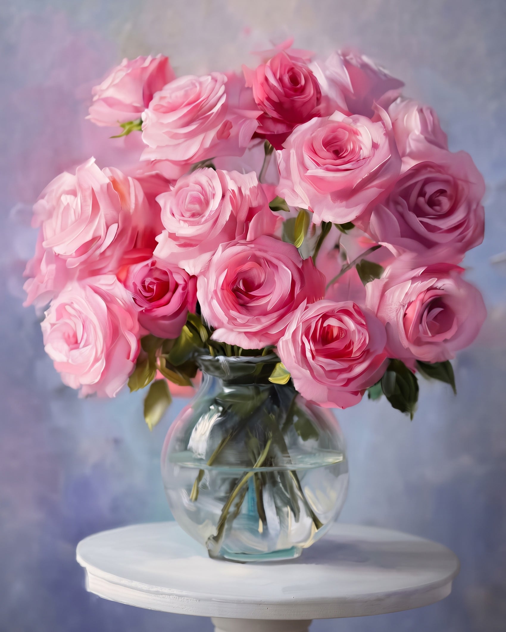 Floral arrangement of pink roses in a vase, perfect for relaxation. BestPaintByNumbers offers this stress-relief painting kit.