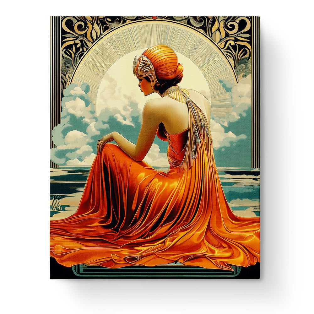 Elegant Lady Portrait from Art Deco collection by BestPaintByNumbers. A colorful geometric background complements the poised figure. Perfect for mindful and creative relaxation.