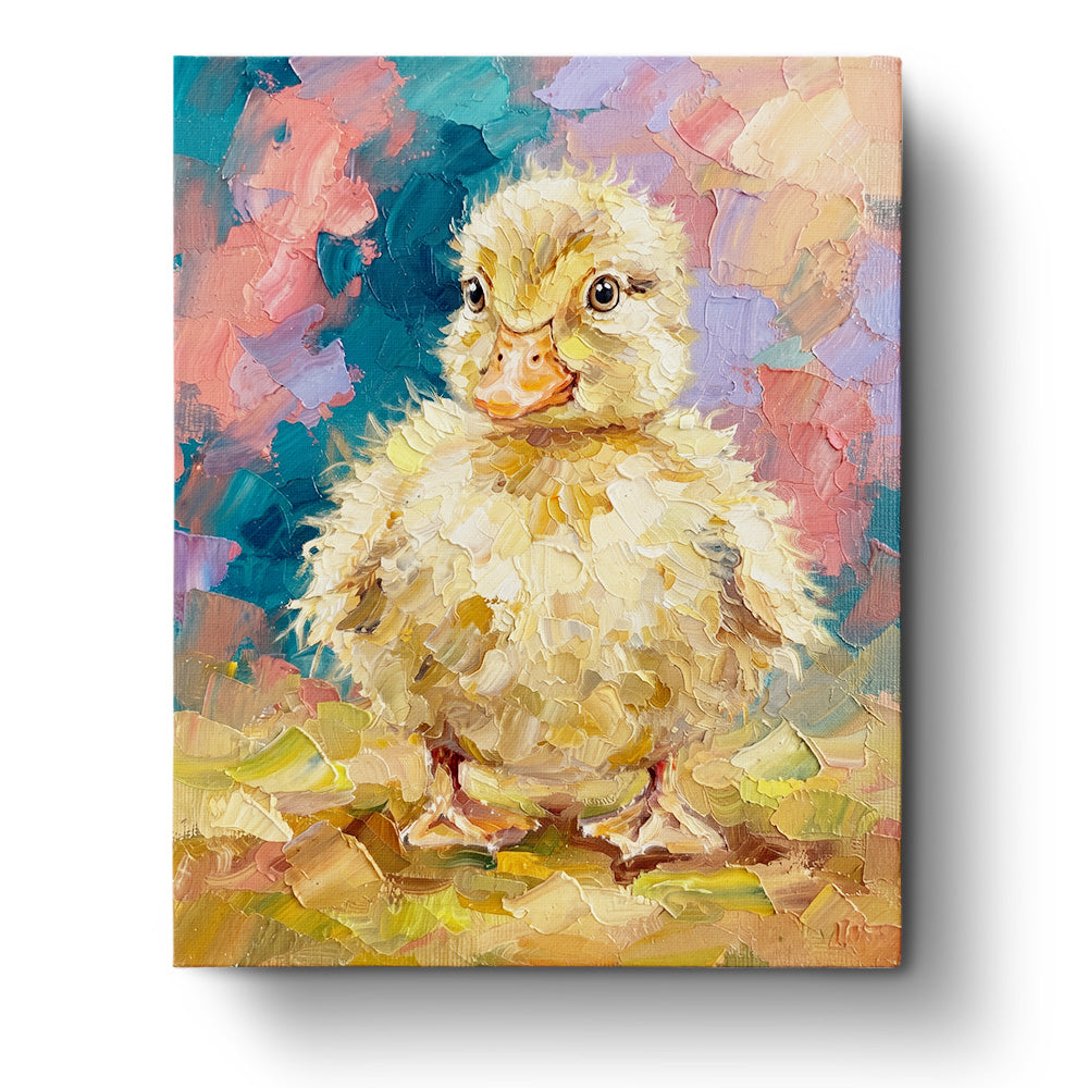 Adorable Duckling Portrait by BestPaintByNumbers. Features a fluffy yellow duckling with expressive eyes. Splashes of pastel colors create a calming backdrop, perfect for mindful creativity and stress relief.