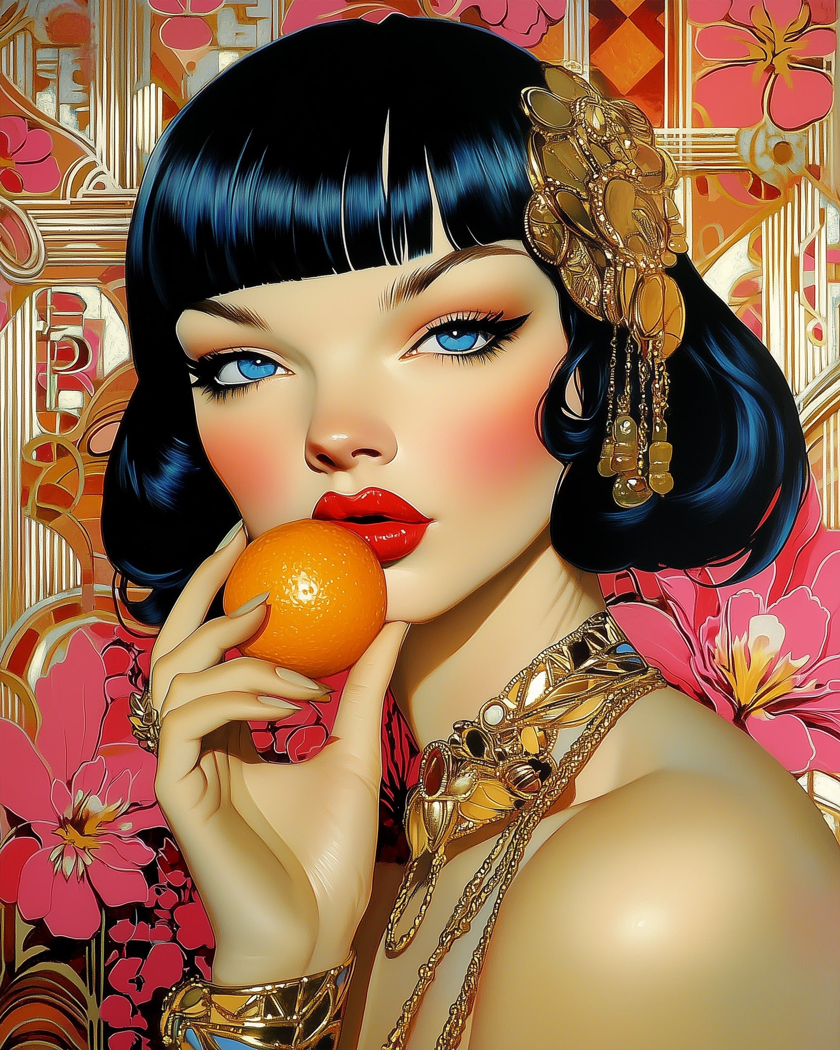 Art Deco woman holding an orange in a floral setting, brought to life by BestPaintByNumbers' kit. Engage in a meditative and artistic experience, painting vivid details.