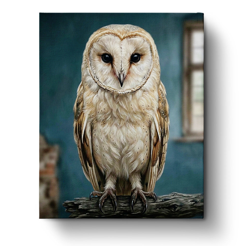 Realistic owl perched with rich feather details, calm ambiance, titled Majestic Owl Perch - Animals, by BestPaintByNumbers. Encouraging creativity and mindfulness.