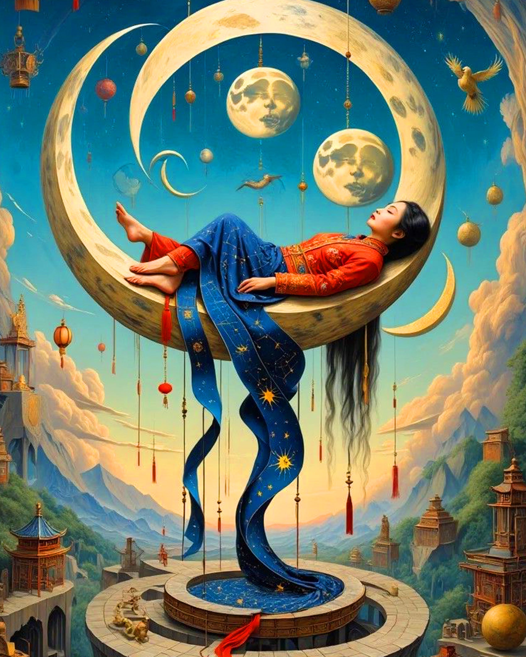 BestPaintByNumbers' Dreaming on the Moon Surrealism kit. Features a woman on a crescent moon amidst celestial elements. Perfect for mindful painting and stress relief.