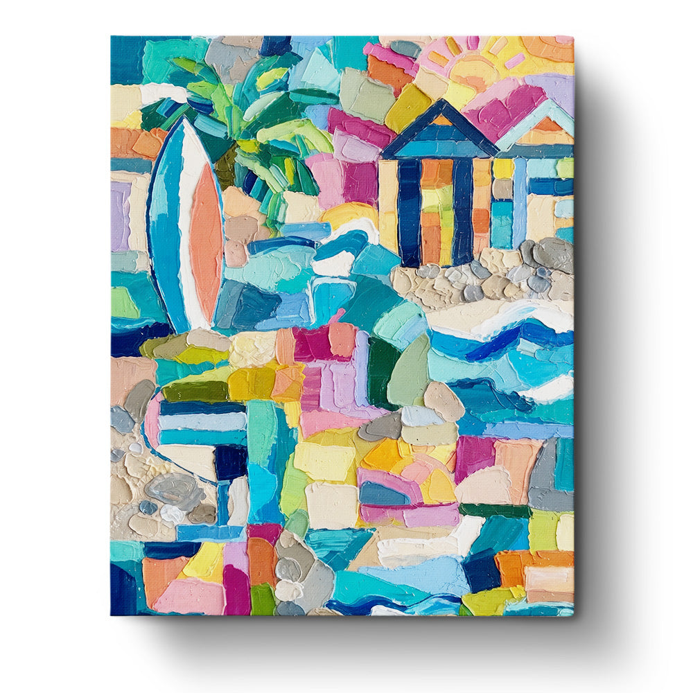 Colorful Surf Shack paint by numbers kit by BestPaintByNumbers. Includes vivid blues, greens, and oranges, featuring a surfboard and a beach hut for a calming painting experience.