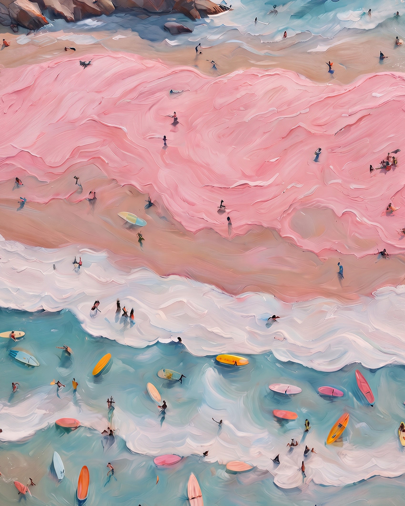 BestPaintByNumbers presents Pastel Beach and Surfers - Landscape. A vibrant beach with surfers and pastel shades inspires relaxation and creativity.