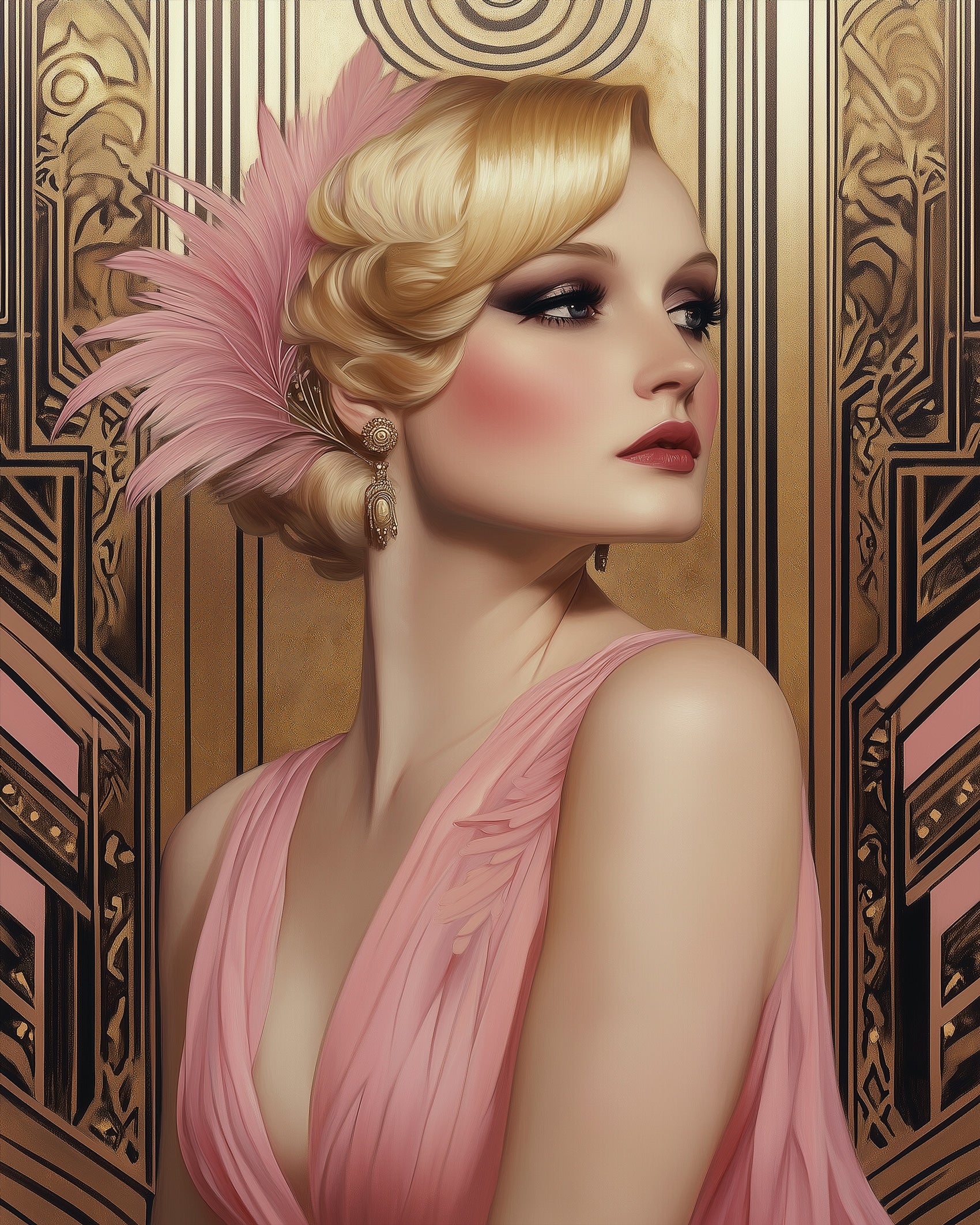 BestPaintByNumbers kit showing an elegant woman in an Art Deco style, with soft pinks and gold hues. Immerse yourself in creativity and relaxation.