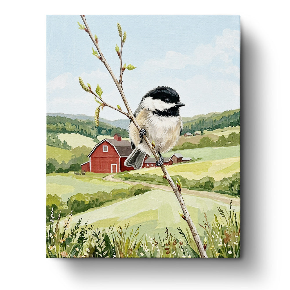 Chickadee perched on a branch against a countryside backdrop in vibrant colors from the BestPaintByNumbers kit. Emphasize mindfulness and creativity.