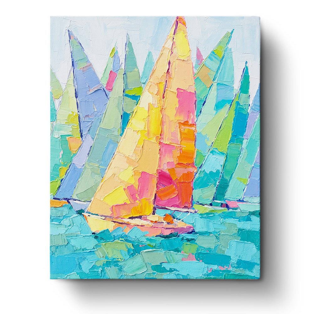 Vibrant sailboats with colorful sails on ocean waters by BestPaintByNumbers. Paint by numbers kit showcasing a lively marine scene, enhancing creativity and mindfulness.