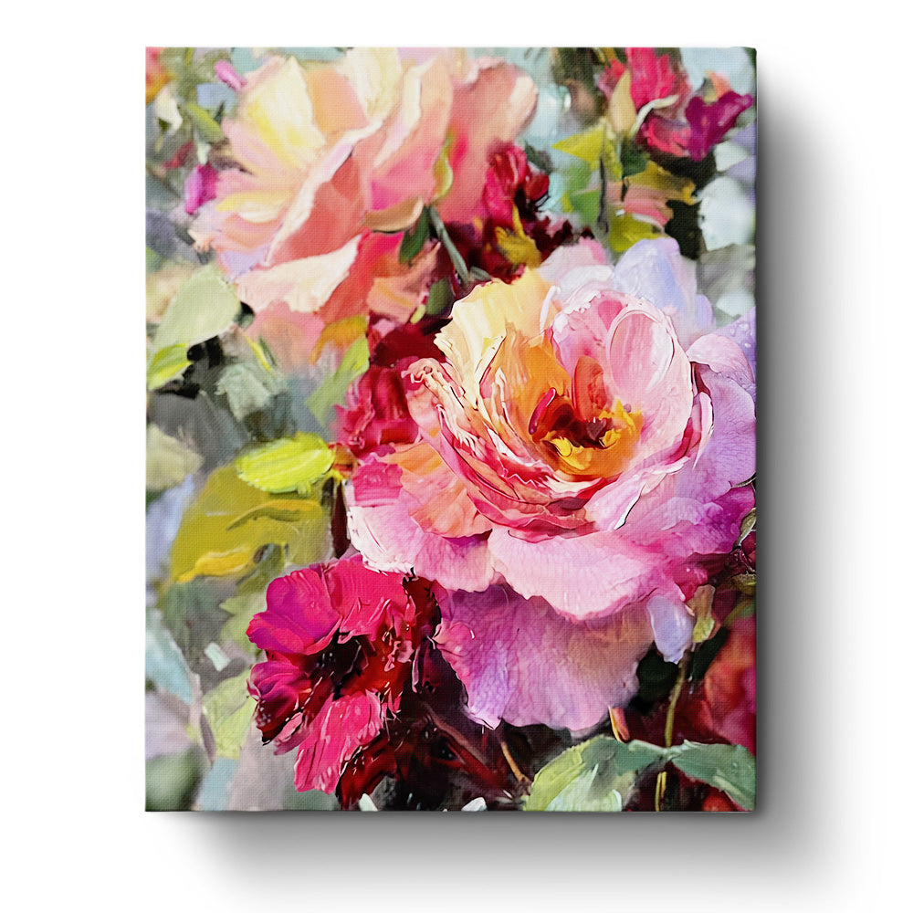 Vibrant Blooms in Harmony - Flowers by BestPaintByNumbers. A vivid array of pink and red flowers captures the essence of mindfulness and creativity. Perfect for relaxation.