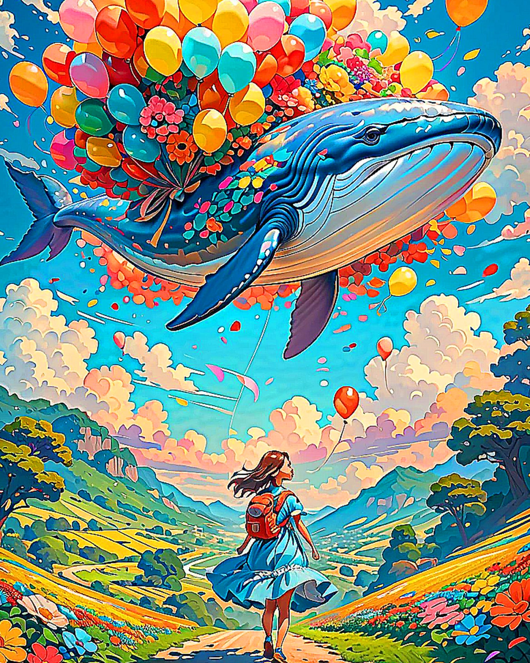 Surreal whale adventure with balloons by BestPaintByNumbers. Experience creativity and calmness with this vibrant paint by numbers fixed kit.