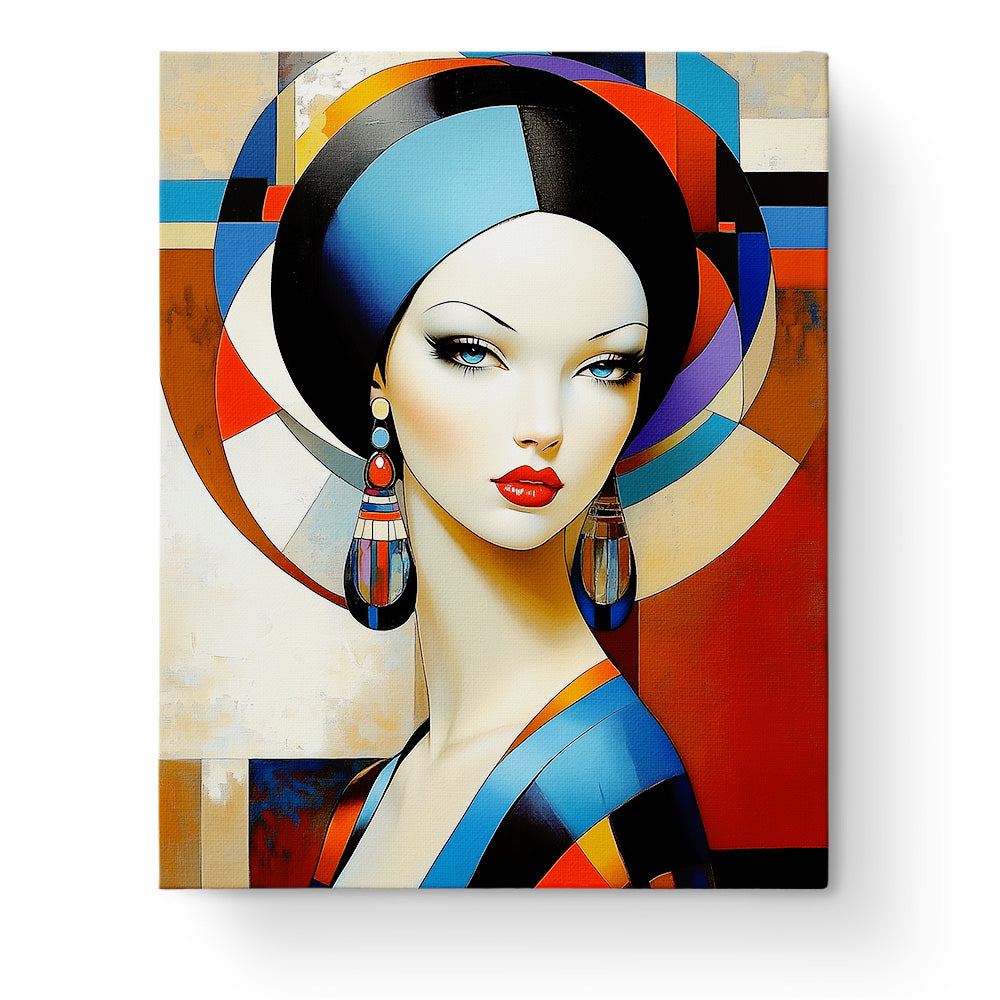 Art Deco lady portrait kit by BestPaintByNumbers. Vibrant colors and bold geometric patterns create a serene painting experience.