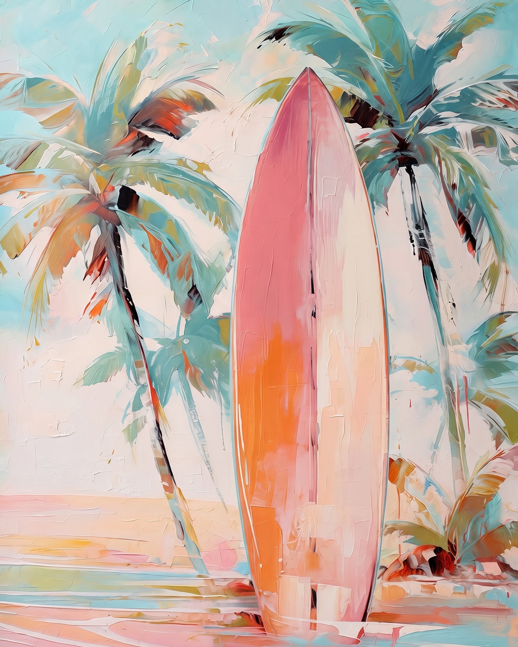 Relaxing beachside with a surfboard and palm trees. BestPaintByNumbers offers a calming painting experience with this Tropical Surfboard Oasis.