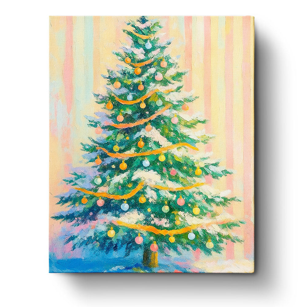 Charming Christmas Tree Scene with BestPaintByNumbers. A festive tree with colorful ornaments and a snowy backdrop. Embrace creativity and mindfulness with this painting kit.