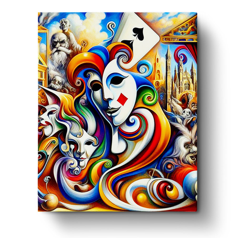 Vivid Dreamscape Masks from BestPaintByNumbers shows colorful abstract faces with swirling patterns, providing a creative and mindful painting experience.