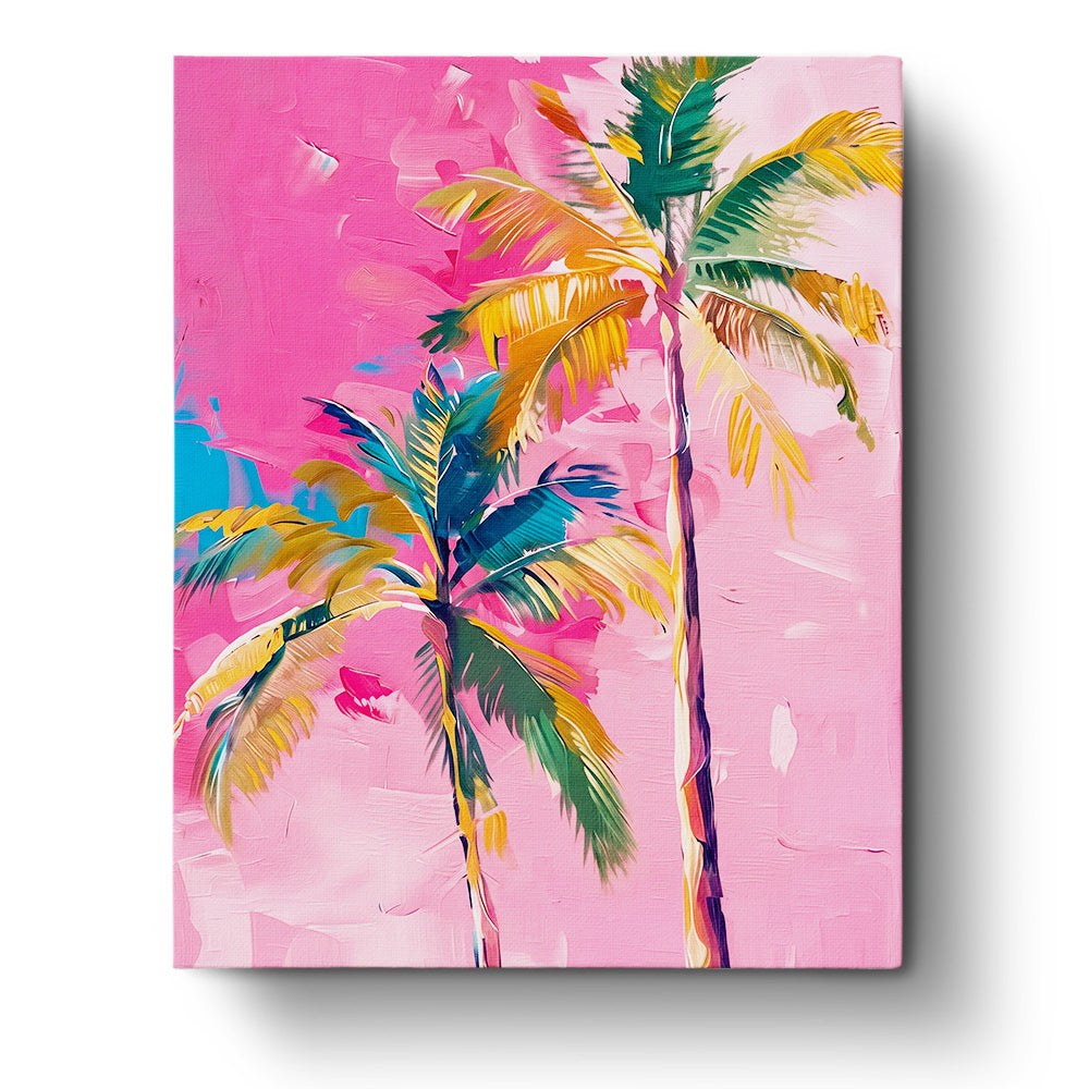 Tropical Palm Duo with vibrant green leaves set against a bold pink background, showcasing the product title and brand BestPaintByNumbers. This kit highlights creativity and mindfulness through vivid colors.