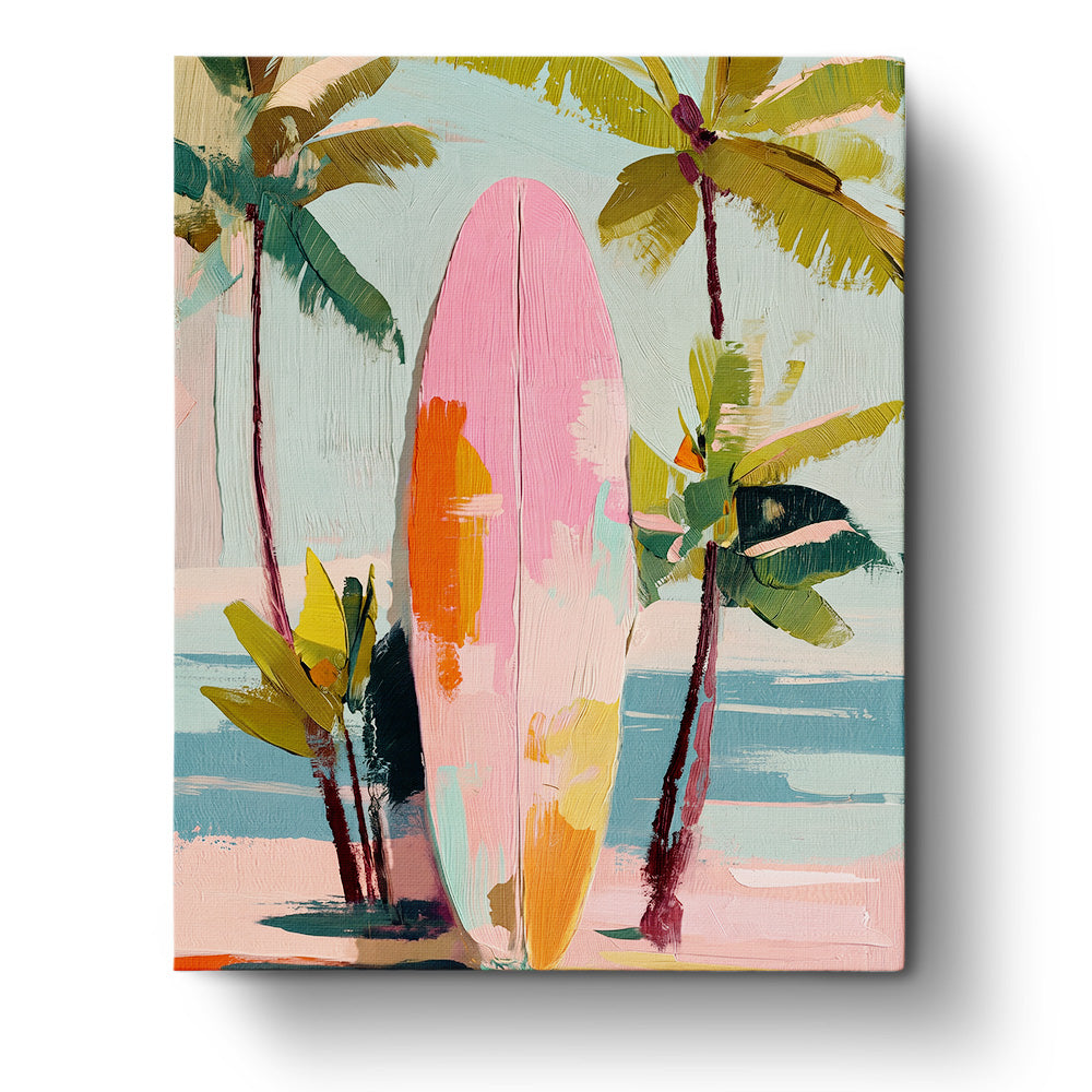 A colorful tropical surf scene featuring a pink surfboard against palm trees and blue skies. This Vibrant Tropical Surf Scene by BestPaintByNumbers is perfect for relaxing and encouraging creativity.