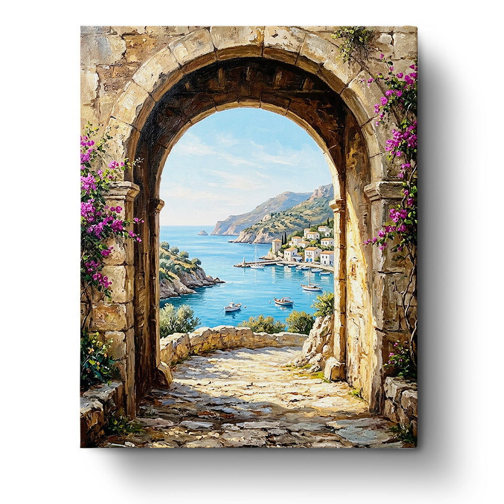 Mediterranean Seaside Archway paint by numbers kit by BestPaintByNumbers. Features vibrant blue seas and lush flora framed by a stone archway. Ideal for bringing tranquility and focus.