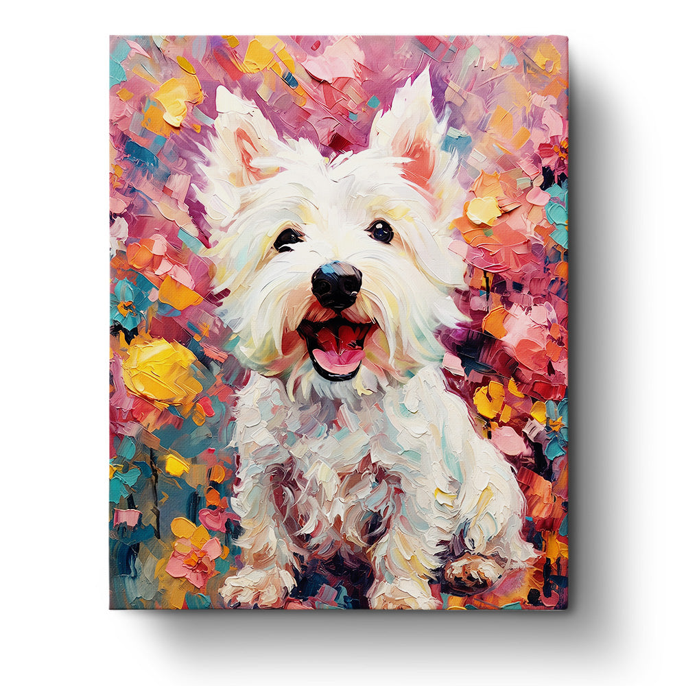 Painting of a cheerful Westie surrounded by vibrant blossoms, part of BestPaintByNumbers' Joyful Westie in Blossoms - Animals collection. Perfect for mindfulness and creativity.
