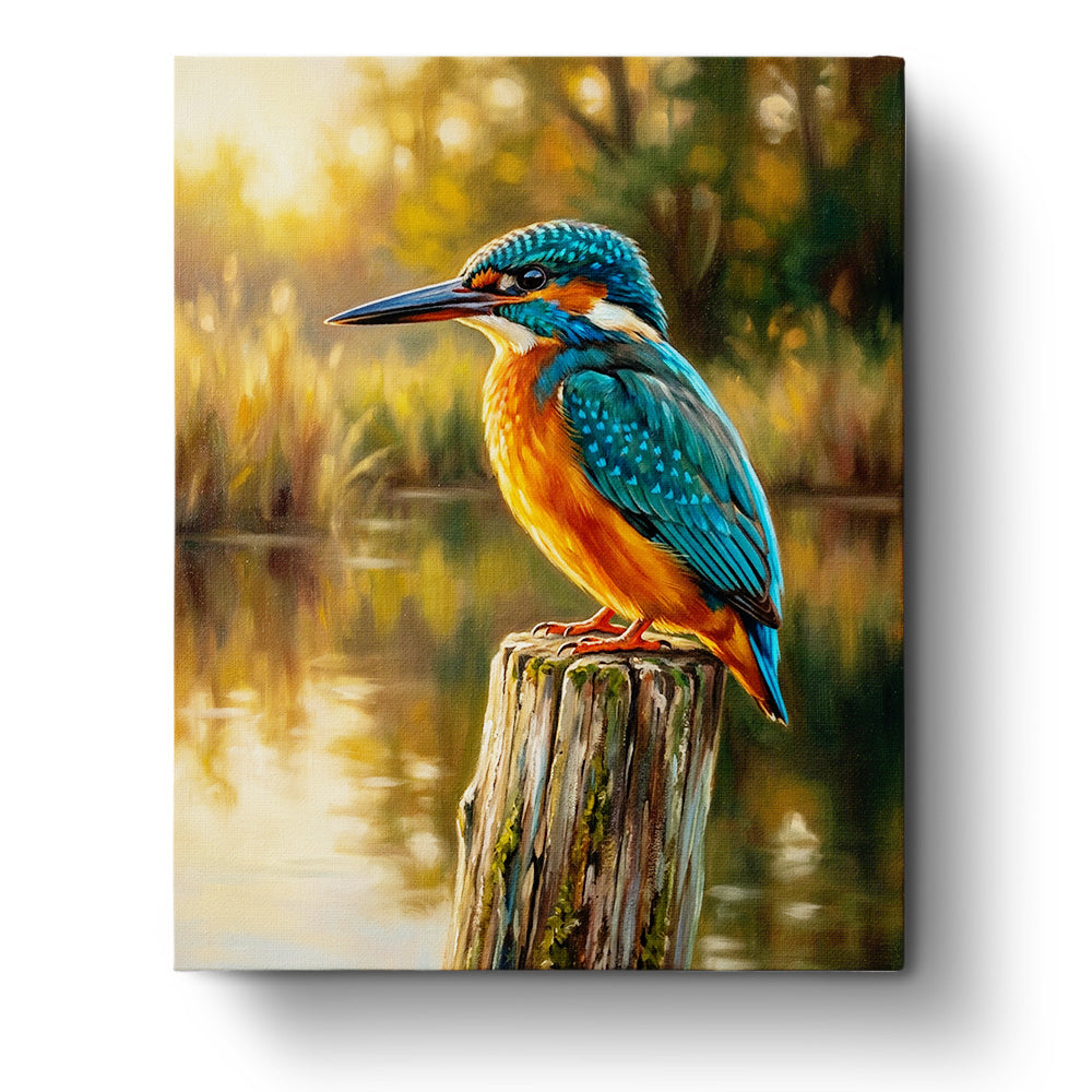 Majestic Kingfisher on a Woodland Perch - Animals paint by numbers kit by BestPaintByNumbers. Vivid blues and oranges of a kingfisher, creating a peaceful, meditative painting experience.