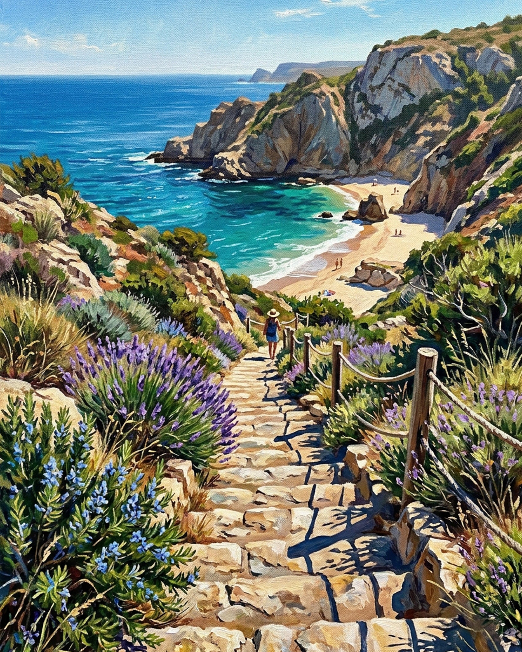 Explore tranquility with the Coastal Pathway Retreat - Places from BestPaintByNumbers. A colorful beach view inspiring creativity and stress relief.