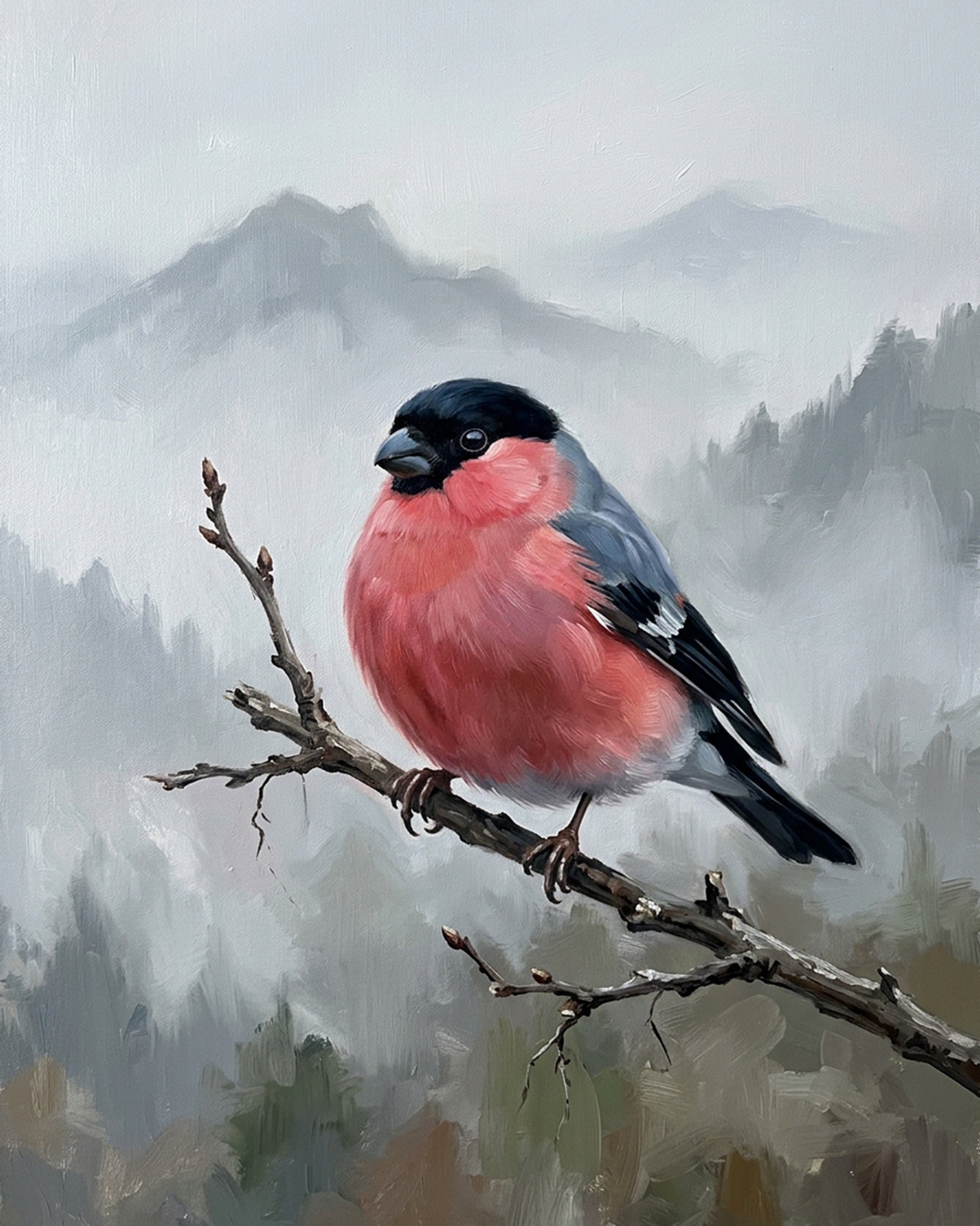BestPaintByNumbers' Vibrant Bullfinch Painting Kit. Capture the peaceful mountain scene with a bullfinch, perfect for stress relief and artistic expression.
