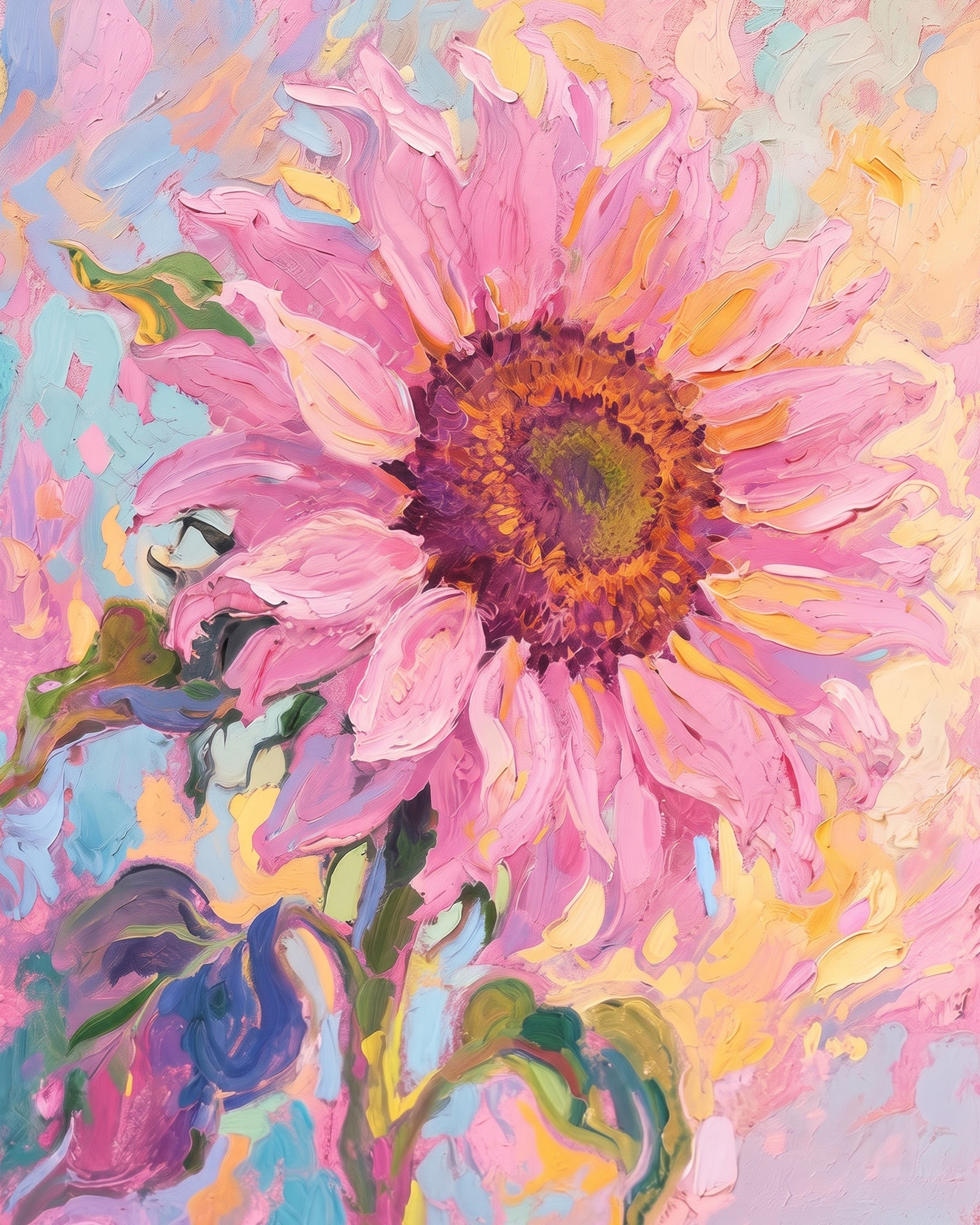 BestPaintByNumbers presents a serene sunflower scene with pinks and yellows, enhancing creativity and relaxation with this paint by numbers kit.