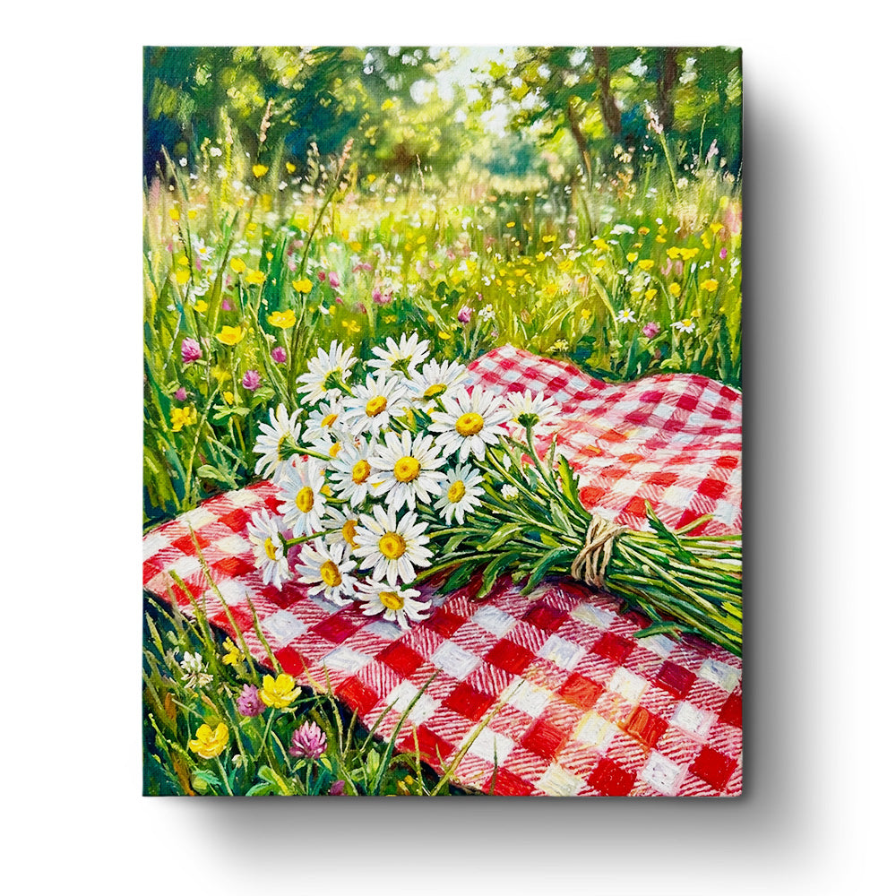 A delightful scene of a checkered blanket adorned with a bundle of daisies, showcasing the Picnic Daisies on Checkered Cloth from BestPaintByNumbers. The vibrant colors and serene setting promote mindfulness and creativity.