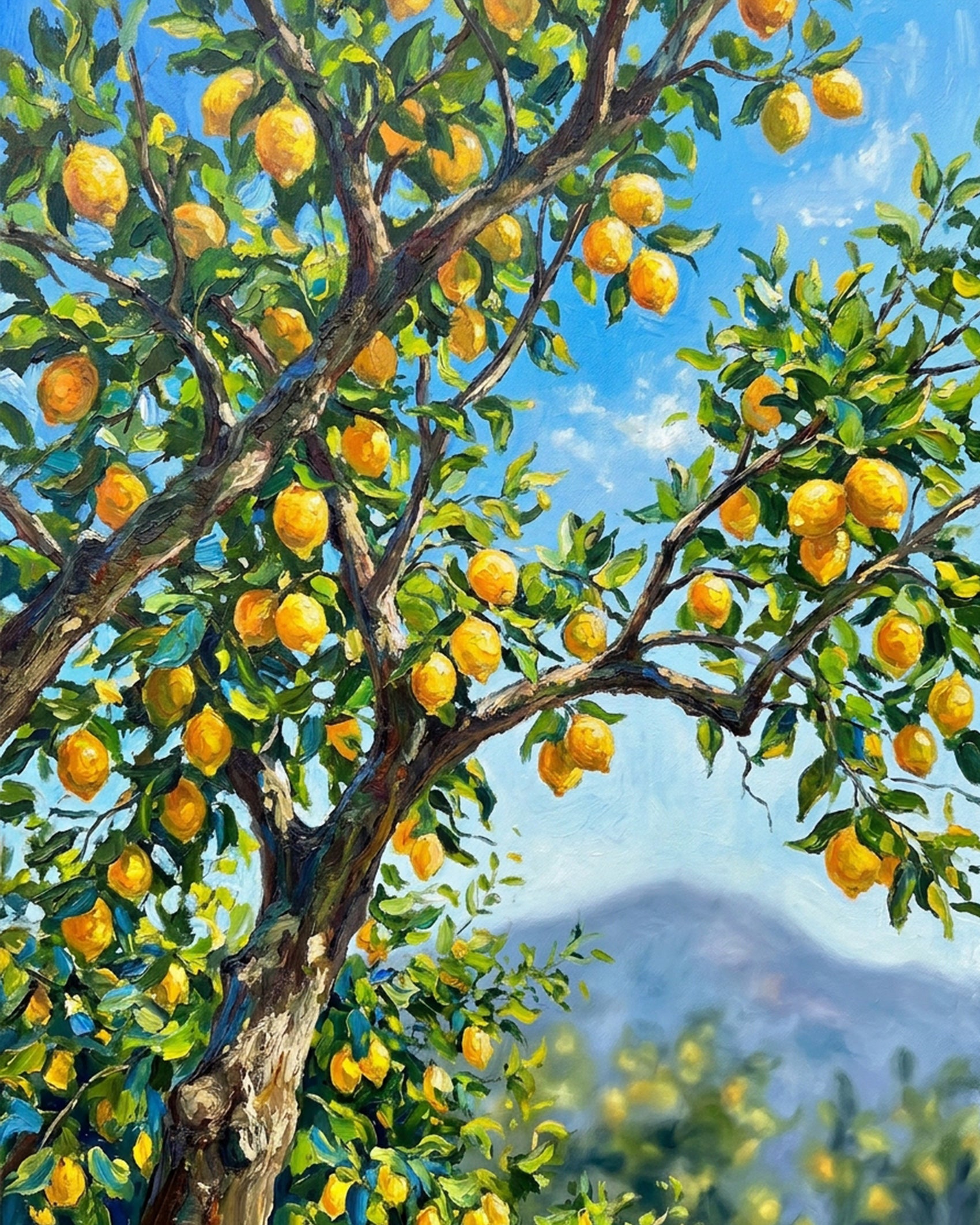 Citrus grove art kit by BestPaintByNumbers captures a vivid lemon tree under a blue sky. Perfect for stress relief and enhancing creative skills. Paint by numbers fixed kit for mindful painting.
