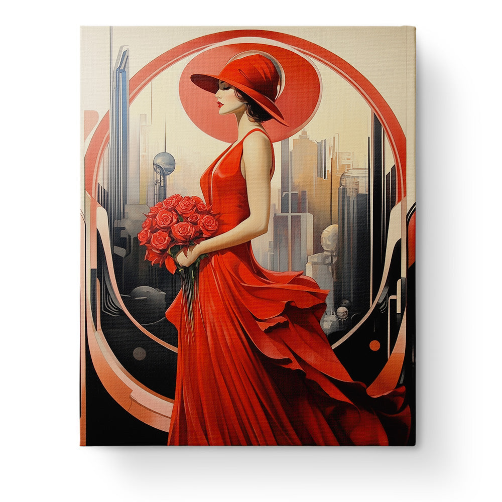 Lady in Red Elegance - Art Deco paint by numbers kit by BestPaintByNumbers. A woman in a red dress and hat holds roses, surrounded by futuristic skyscrapers.