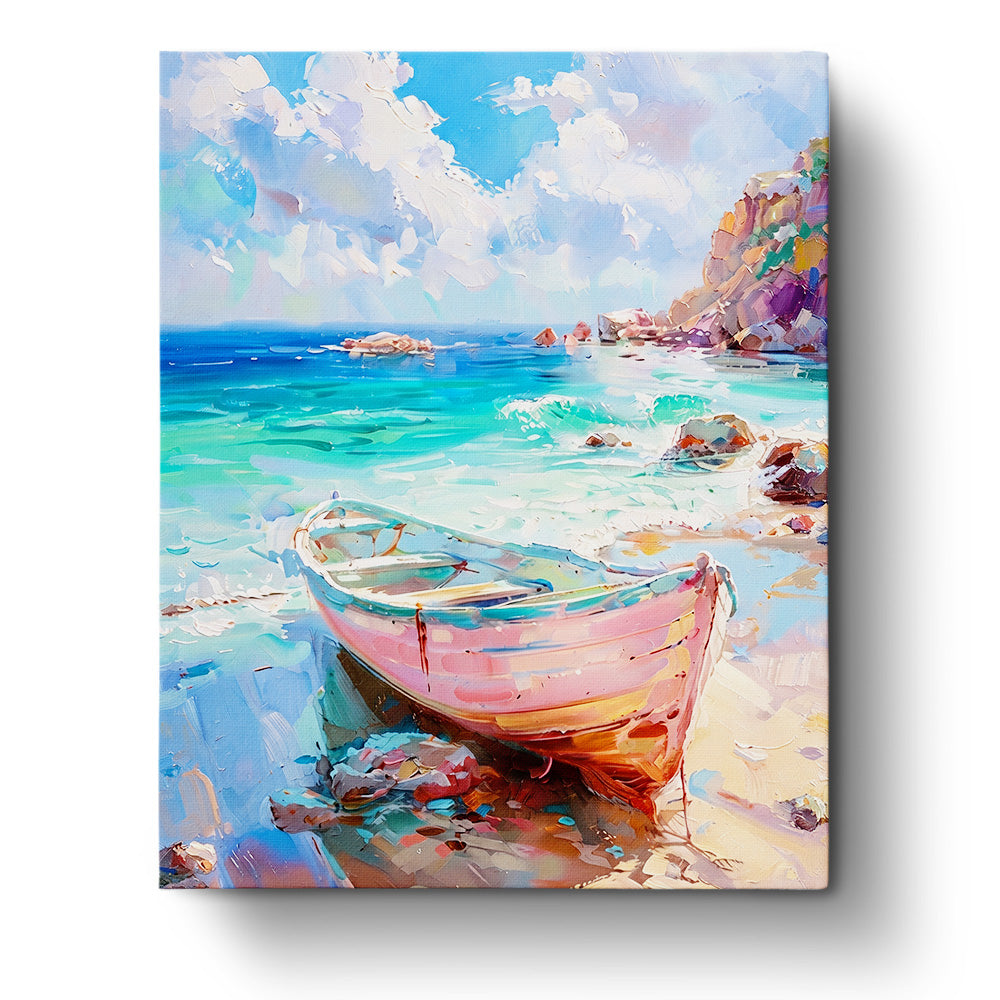 Seaside Serenity - Landscape by BestPaintByNumbers. A pastel boat on a serene beach with turquoise waters under bright clouds. Enhance mindfulness and creativity with this paint by numbers fixed kit.