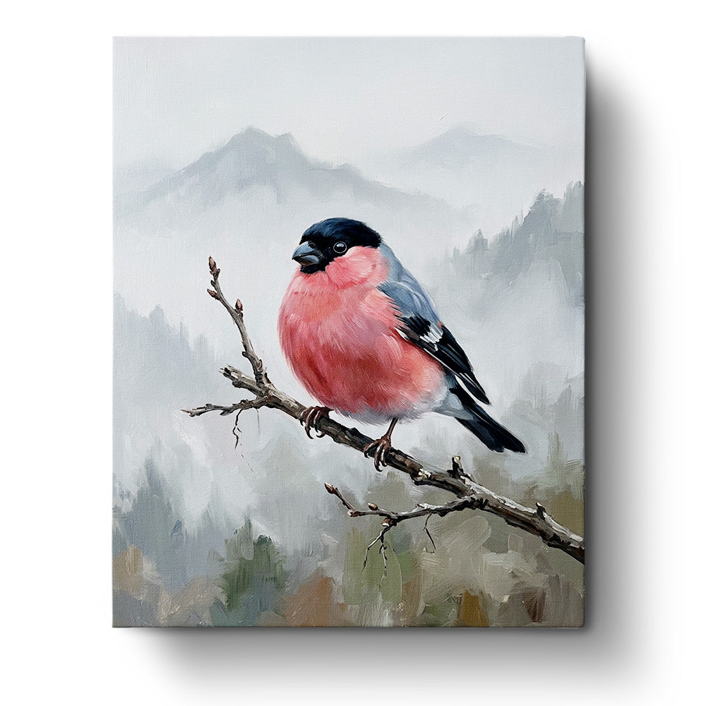 Vibrant Bullfinch Artwork by BestPaintByNumbers. Beautiful bullfinch perched on a branch in a serene mountain background, ideal for mindfulness and creativity activities.