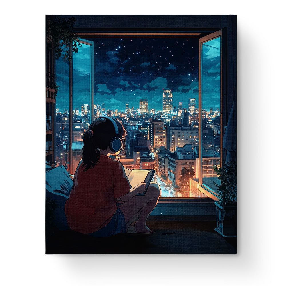 City Nightscape Reflection - Lo-Fi by BestPaintByNumbers. Experience tranquil city lights under a starry sky. Enhance mindfulness and creativity with this relaxing kit.