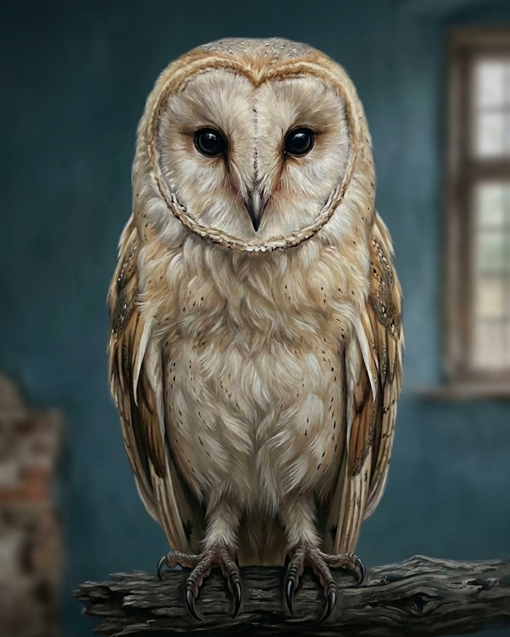 Majestic owl paint by numbers kit, detailed feathers, tranquil scene, titled Majestic Owl Perch - Animals, by BestPaintByNumbers. Inspiring stress relief.