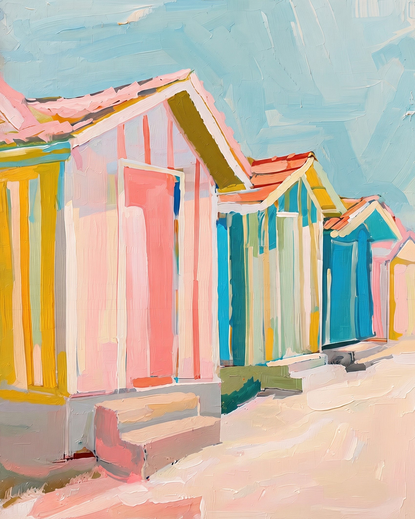 BestPaintByNumbers presents Colorful Beach Huts - Places kit. Paint vibrant pastel beach huts focusing on stress relief and mindful creativity. Ideal for art enthusiasts.