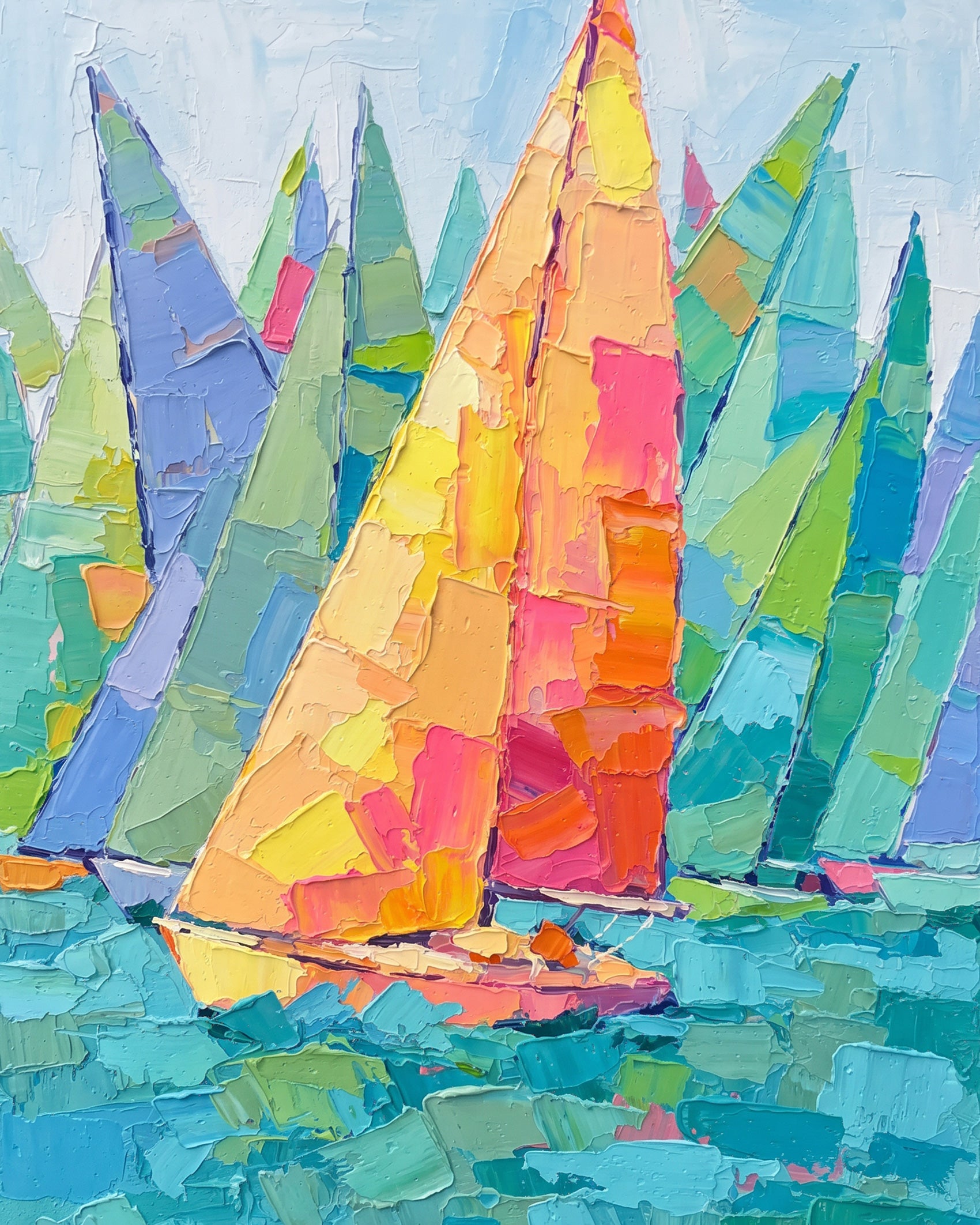 BestPaintByNumbers kit of vivid sailboats with multicolored sails on water. Perfect for relieving stress and igniting creativity with paint by numbers.