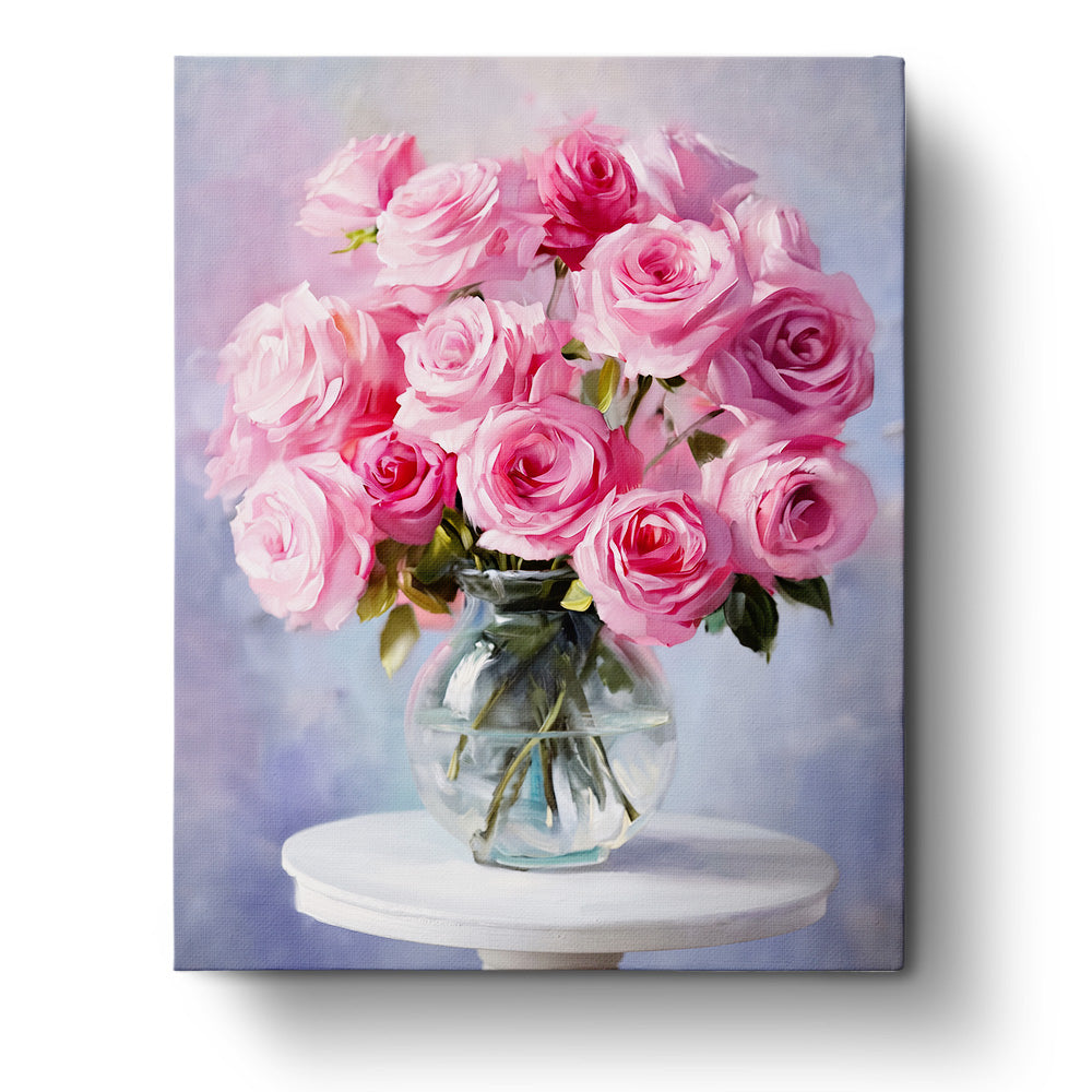 Pink Roses in Vase - Flowers by BestPaintByNumbers. Vivid pink roses in a clear vase. Perfect for mindfulness and creativity.