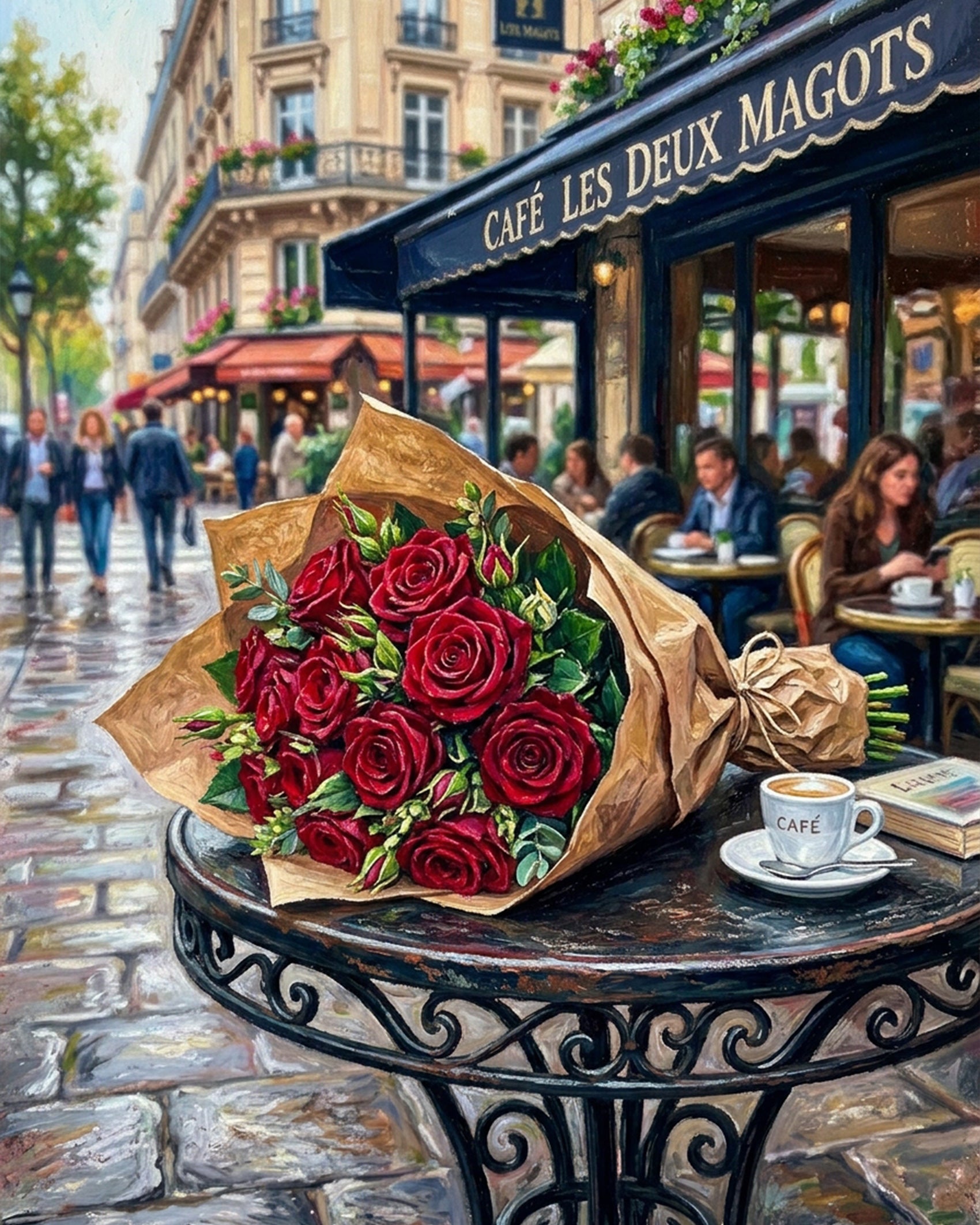 BestPaintByNumbers Parisian Roses Café - Flowers kit showcasing a beautiful bouquet on a café table, capturing the spirit of creativity and relaxation.