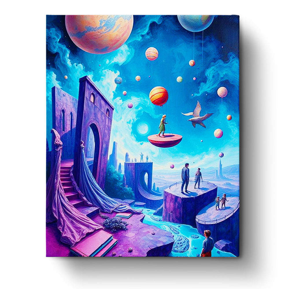 Cosmic Dreamscape Odyssey painting from BestPaintByNumbers, showcasing surreal celestial spheres and floating islands, fostering creativity and mindfulness.