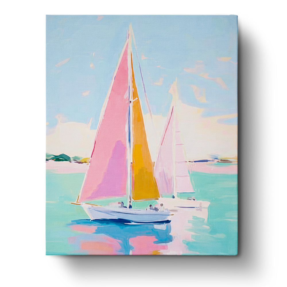 Sailboats with colorful sails on tranquil waters by BestPaintByNumbers. Vibrant pinks and oranges enhance creativity and relaxation. A mindful painting experience.
