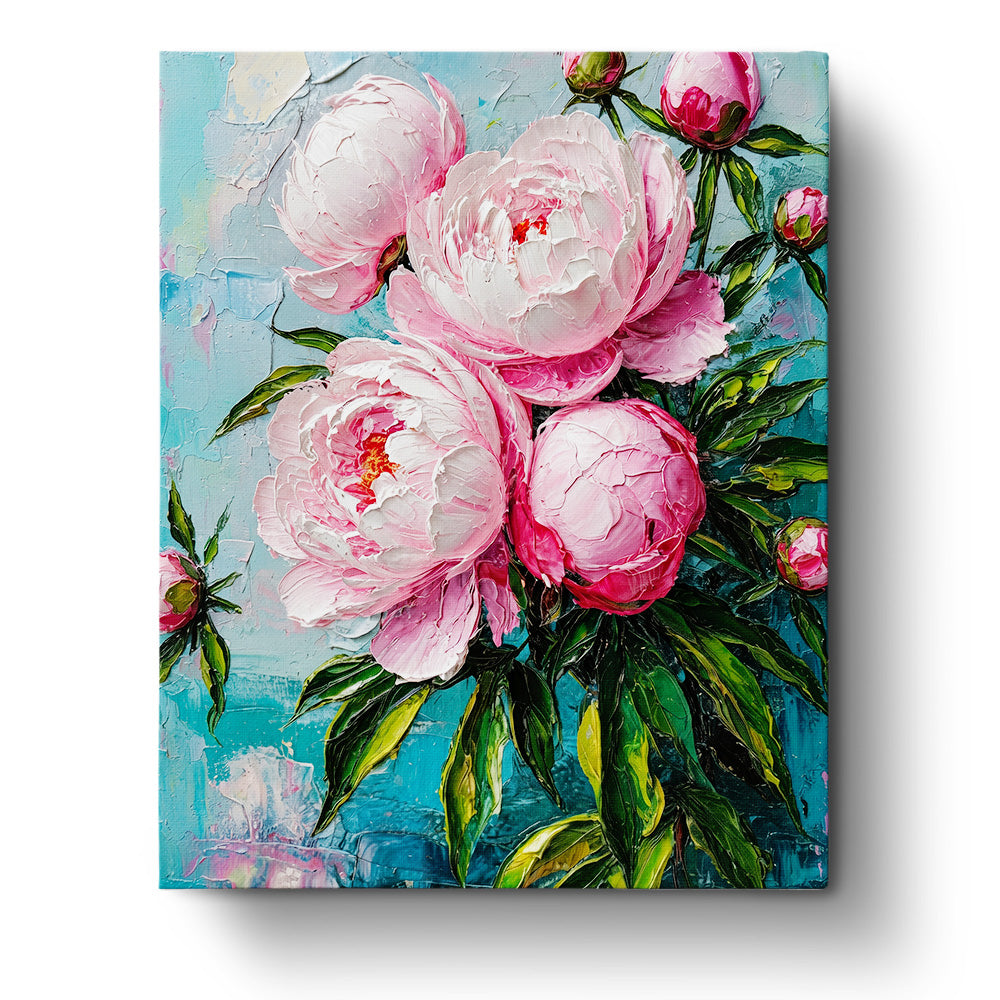 Peony Blooms - Flowers paint by numbers kit by BestPaintByNumbers, showcasing vivid pink and white peonies against a serene blue background, promoting mindfulness and creativity.