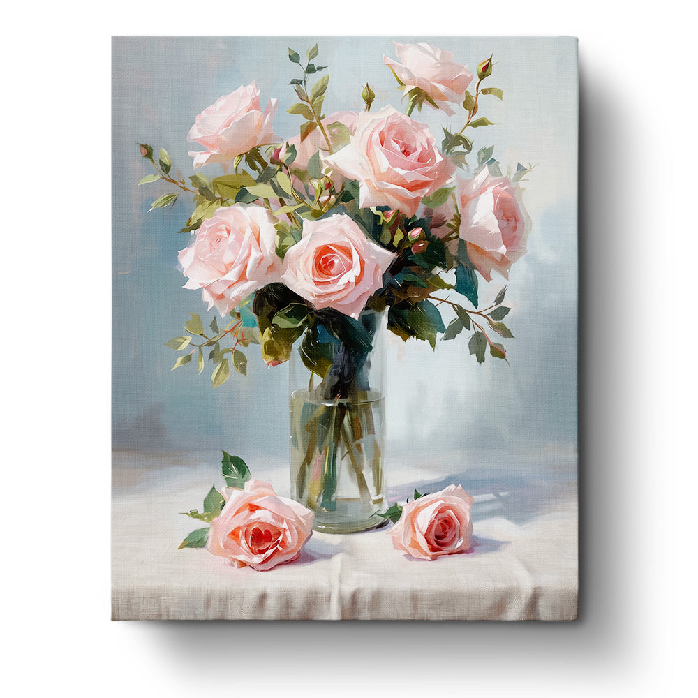 Elegant Rose Arrangement - Flowers by BestPaintByNumbers. Experience serenity with soft pink roses in a glass vase. Perfect for mindfulness and creativity.