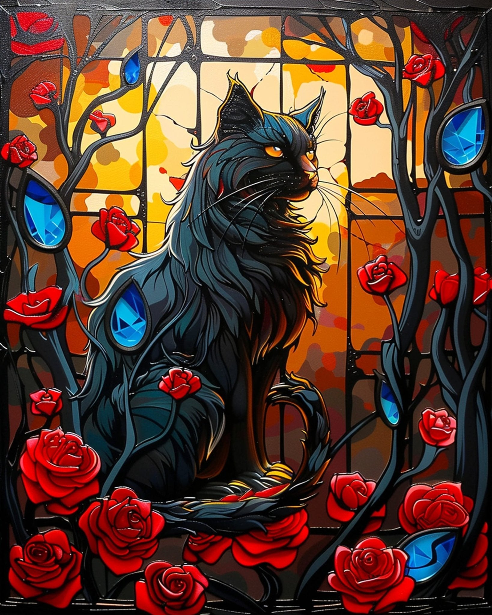 Artistic Halloween fixed kit, 24 colors, 16x20in. Majestic black cat and roses. Perfect for mindful creativity.