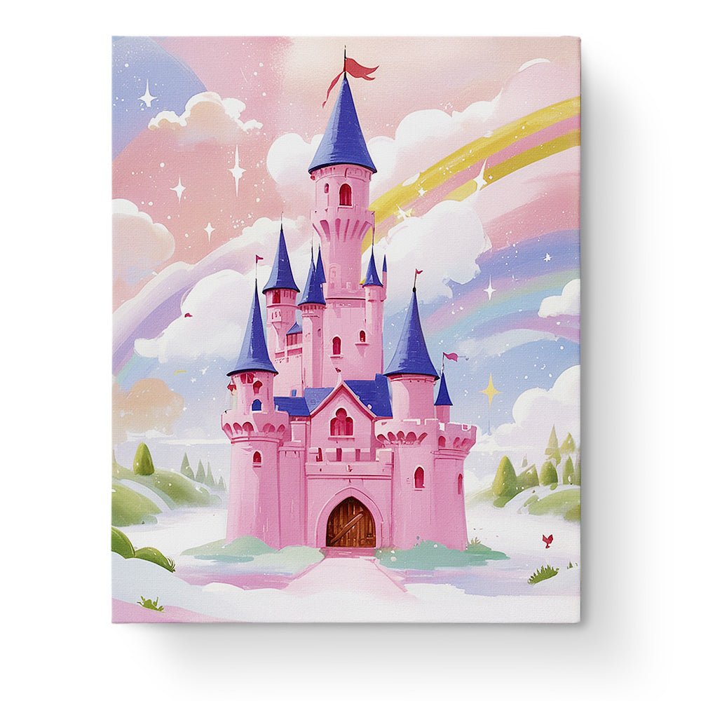 Fixed paint by numbers kit, 24 colors, 16x20in. Enchanted castle with rainbows. Perfect for kids' creativity.