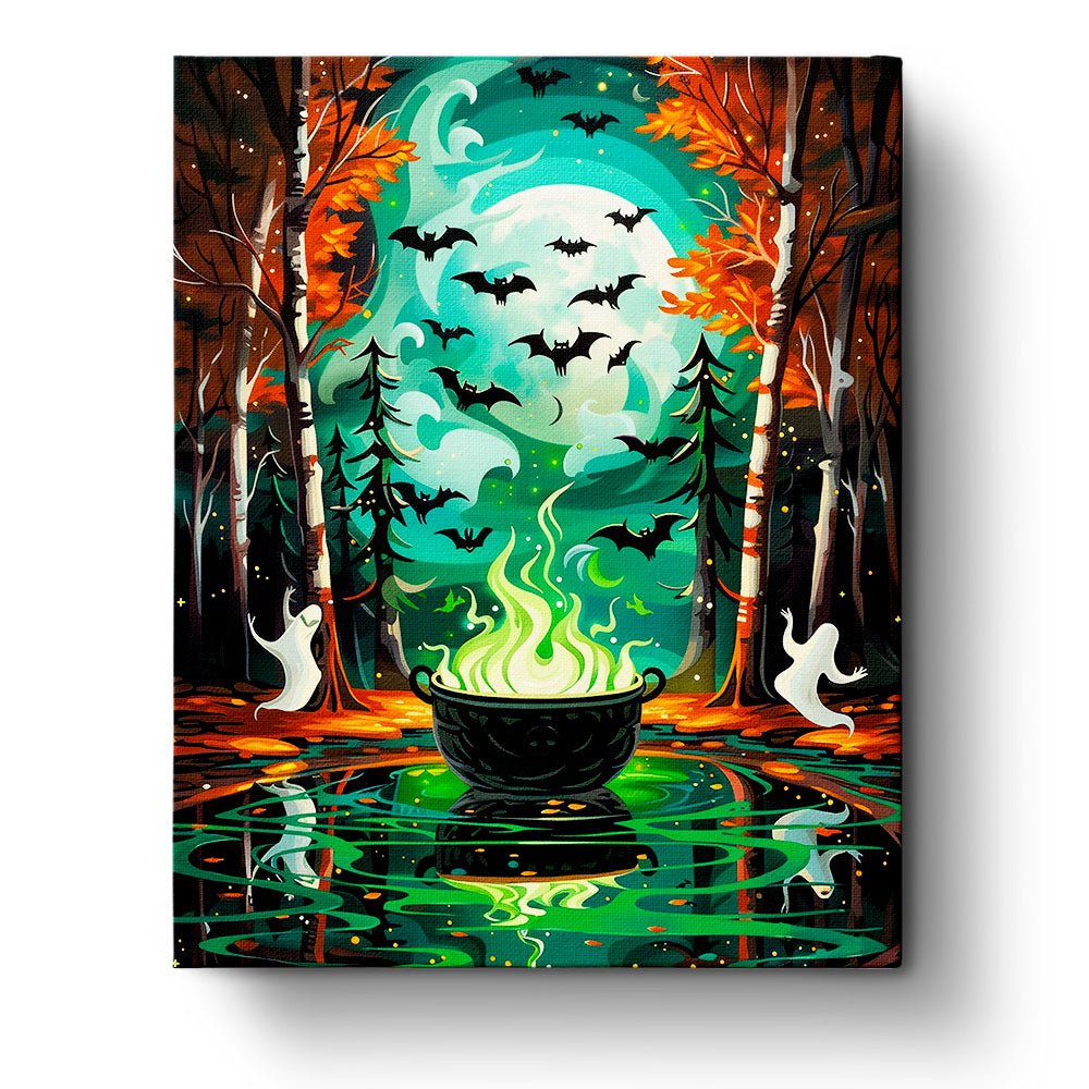 Fixed paint by numbers kit, 24 colors, 16x20in. Magical forest with cauldron. Perfect for Halloween relaxation.