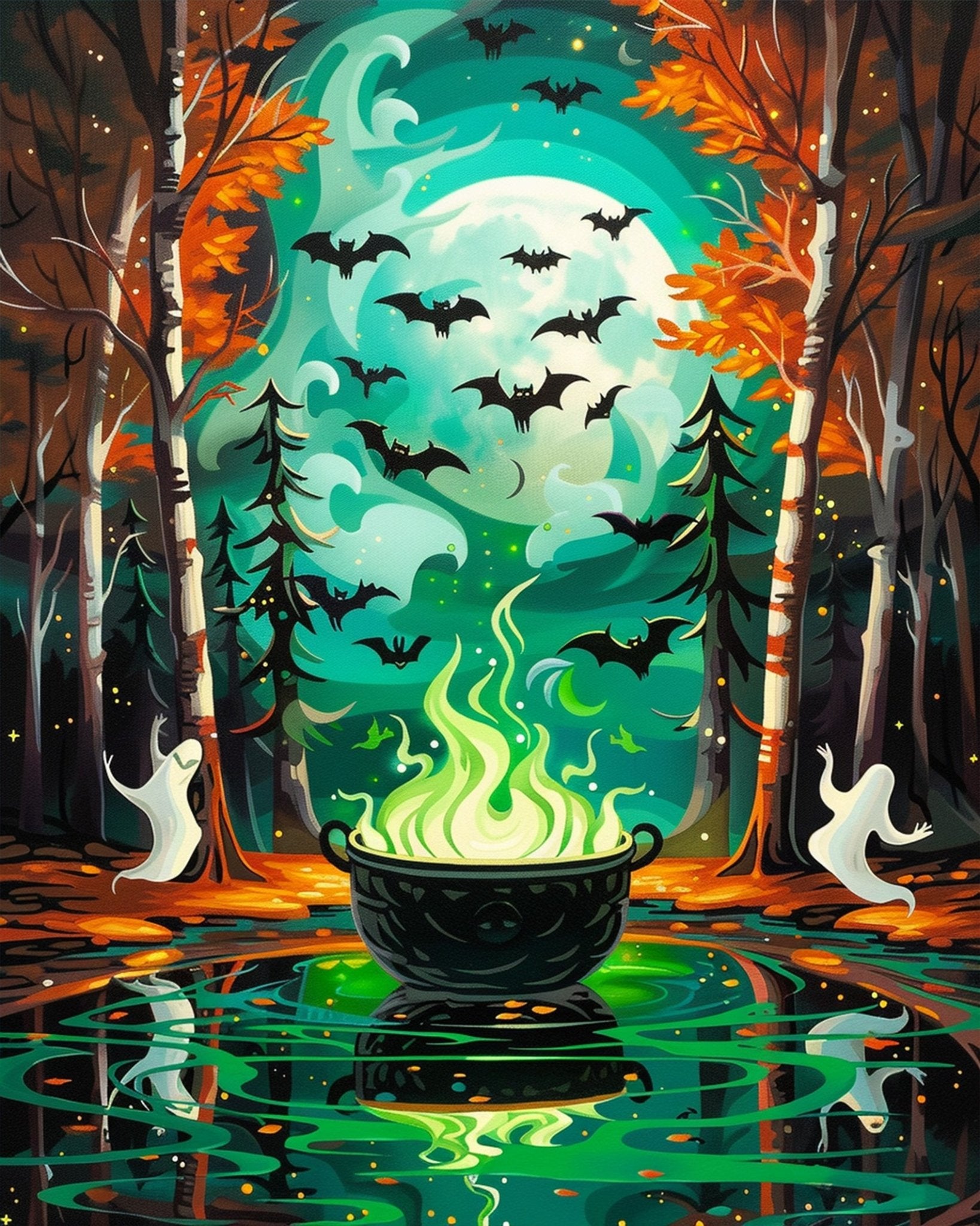 Fixed kit, 24 colors, 12x16in. Spooky forest with bats and cauldron. Ideal for stress relief and Halloween fun.