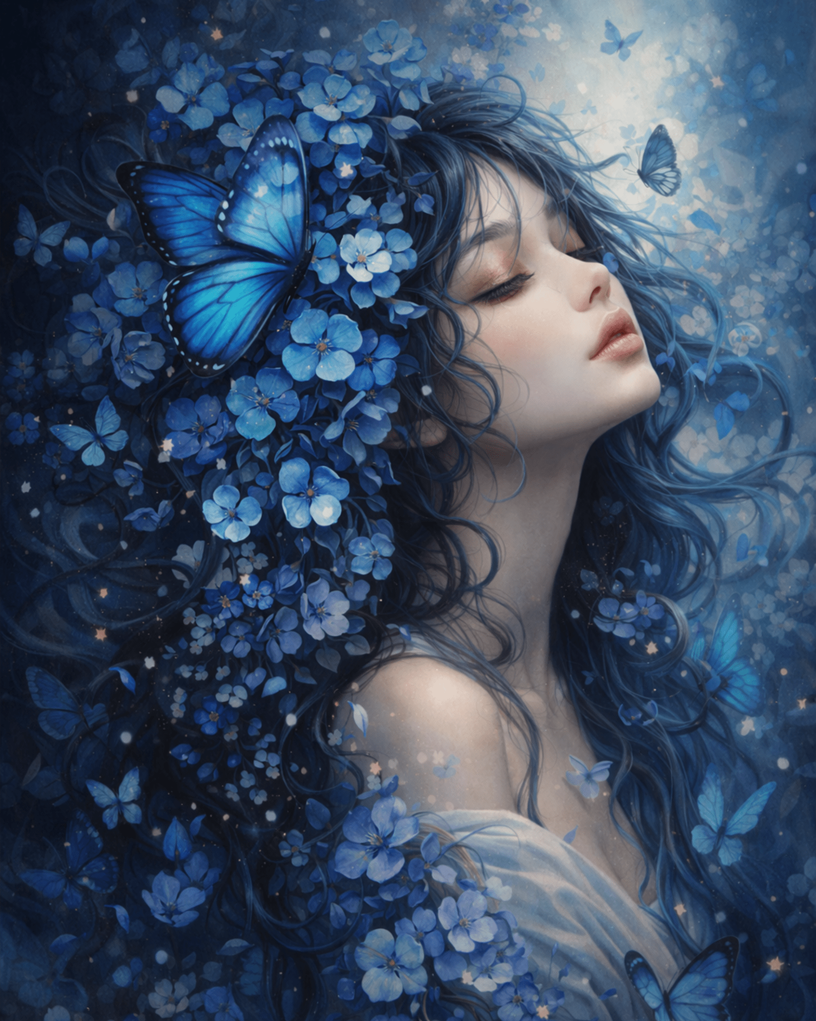 Ethereal Blue Dream - Floral Women - BestPaintByNumbers - Paint by Numbers Custom Kit