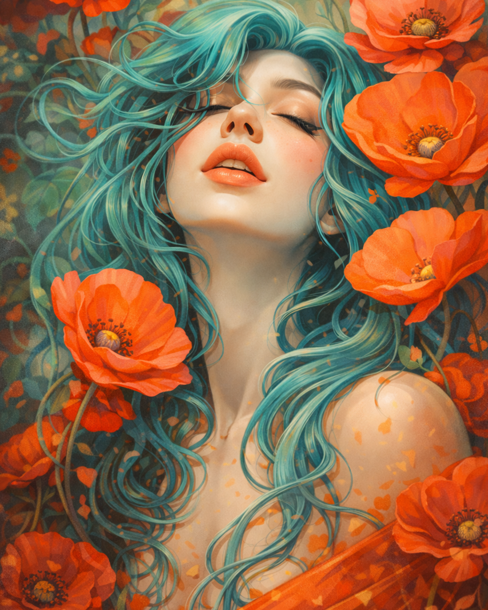 Ethereal Poppies and Woman - Floral Women - BestPaintByNumbers - Paint by Numbers Custom Kit